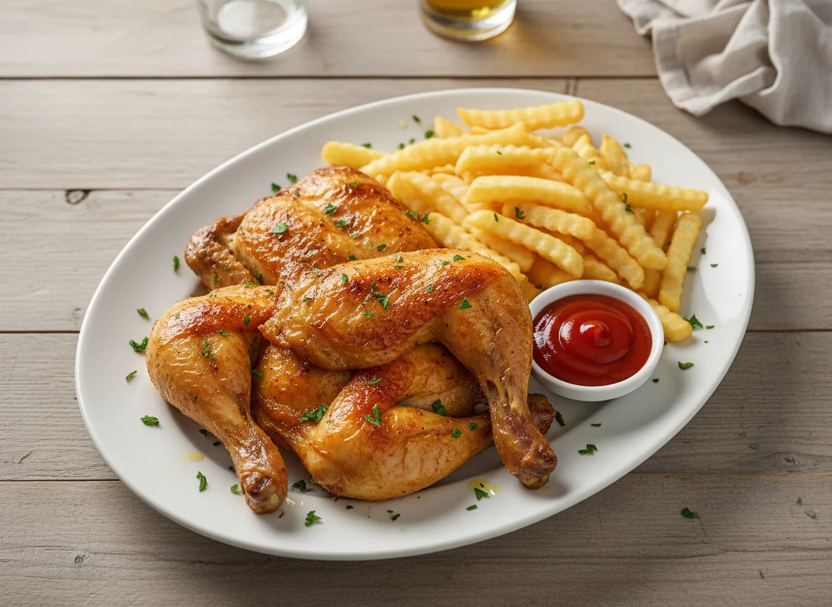 Hähnchen mit Pommes Frites und Ketchup photo