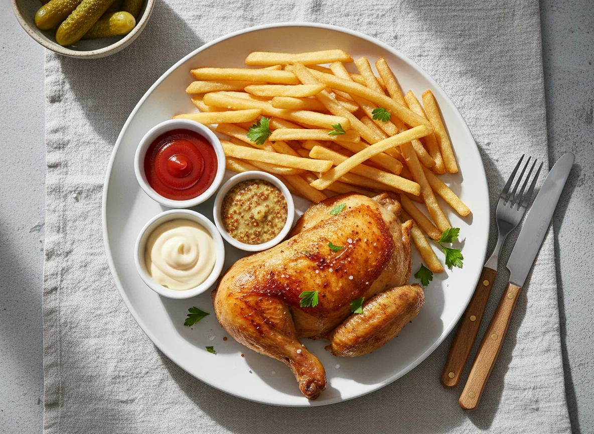 Hähnchen mit Pommes Frites und Saucen photo