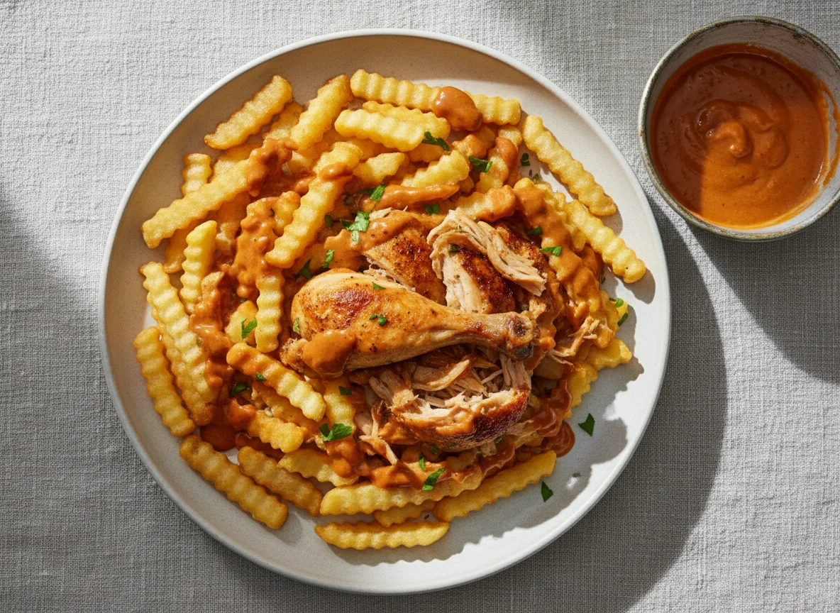 Hähnchen mit Pommes Frites und Soße photo