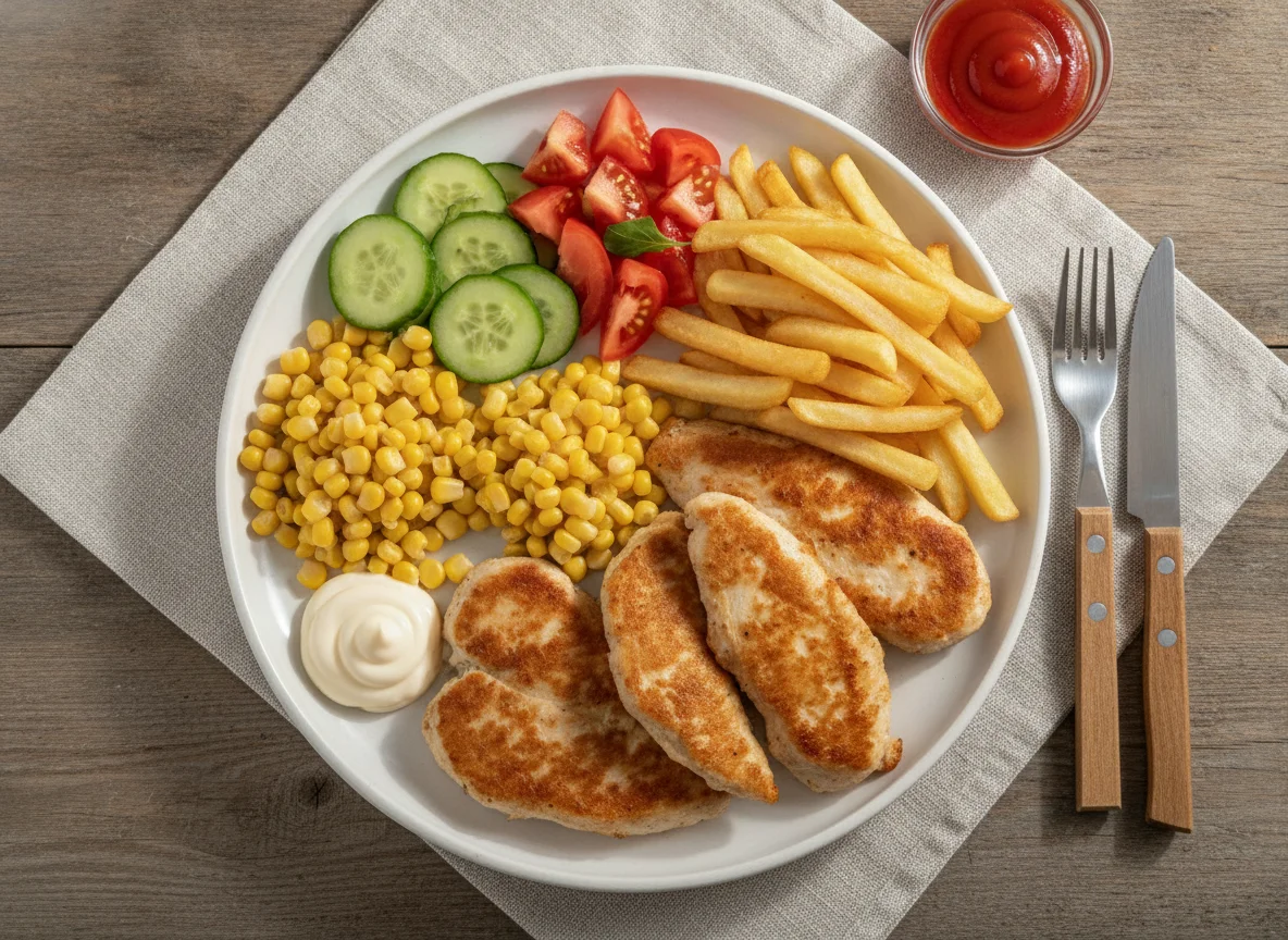 Hähnchen mit Pommes, Mais und Salat photo