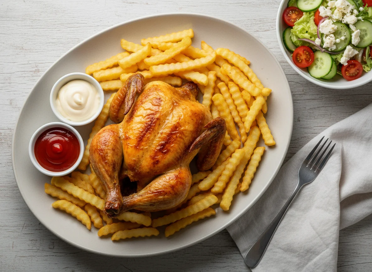 Hähnchen mit Pommes und Salat photo