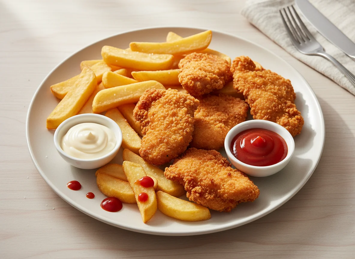 Hähnchen mit Pommes und Saucen photo