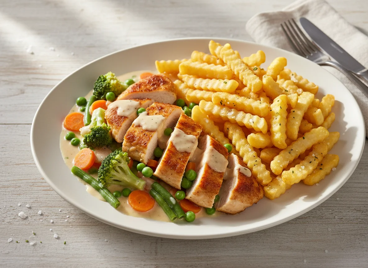 Hähnchen mit Rahmgemüse und Pommes Frites photo