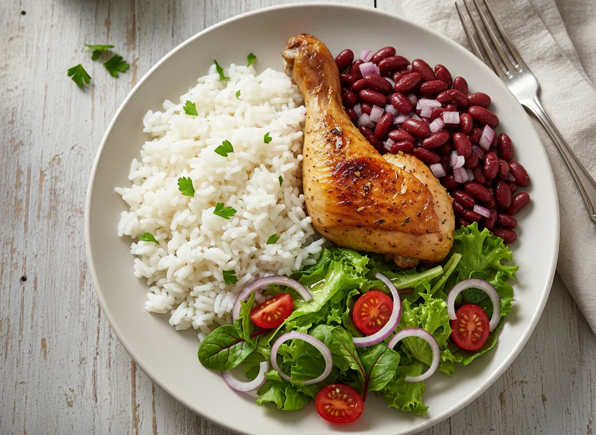 Hähnchen mit Reis, Bohnen und Salat photo