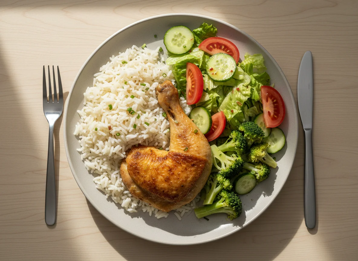 Hähnchen mit Reis, Brokkoli und Salat photo