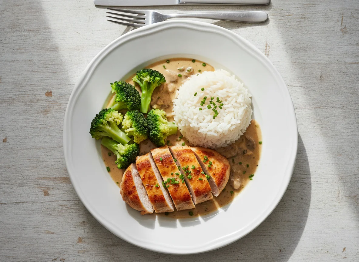 Hähnchen mit Reis, Brokkoli und Soße photo