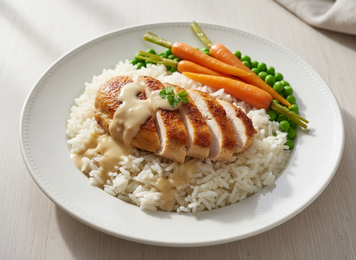 Hähnchen mit Reis, Erbsen und Karotten photo