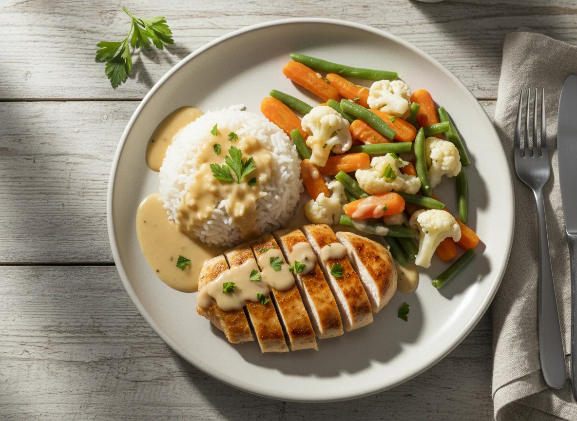 Hähnchen mit Reis, Gemüse und Sauce photo