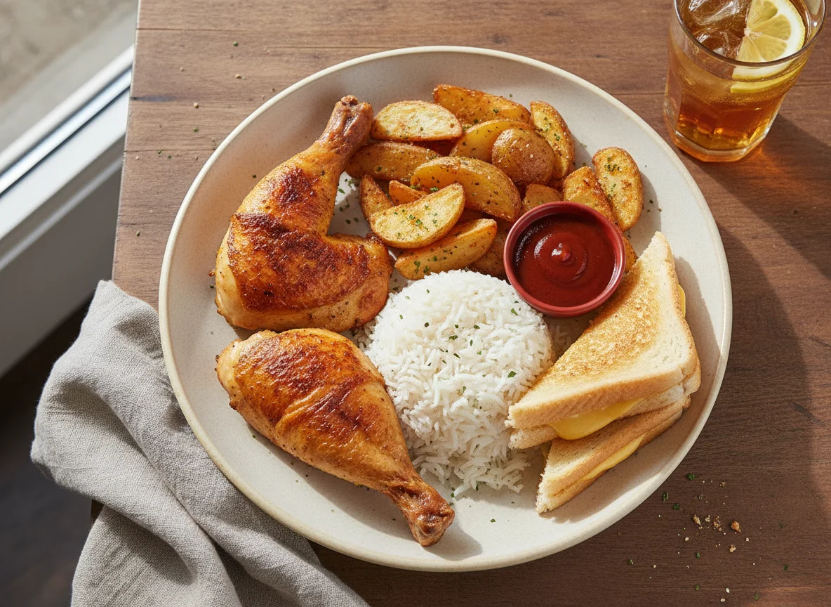 Hähnchen mit Reis, Kartoffelspalten und Toast photo