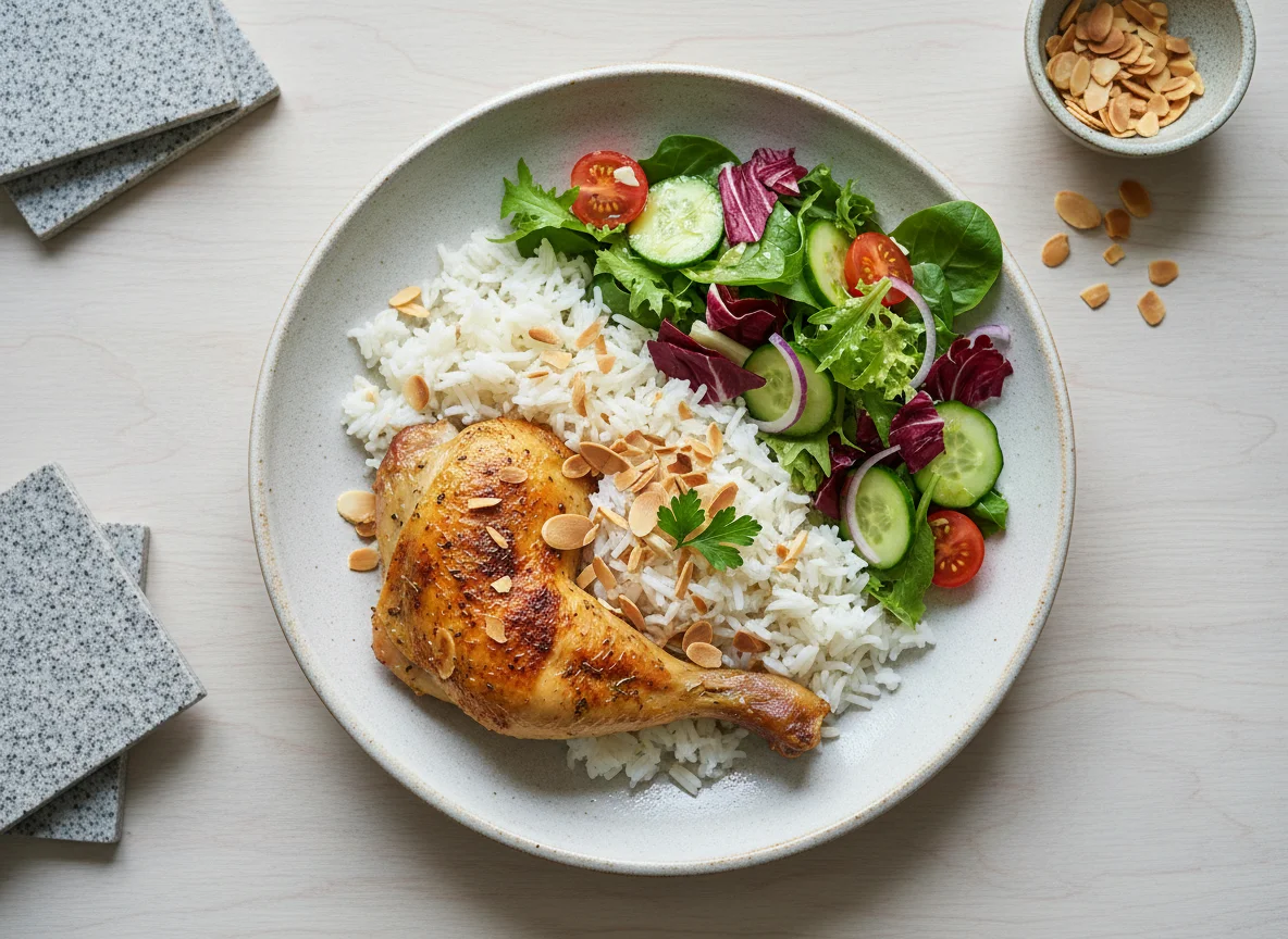 Hähnchen mit Reis, Mandeln und Salat photo