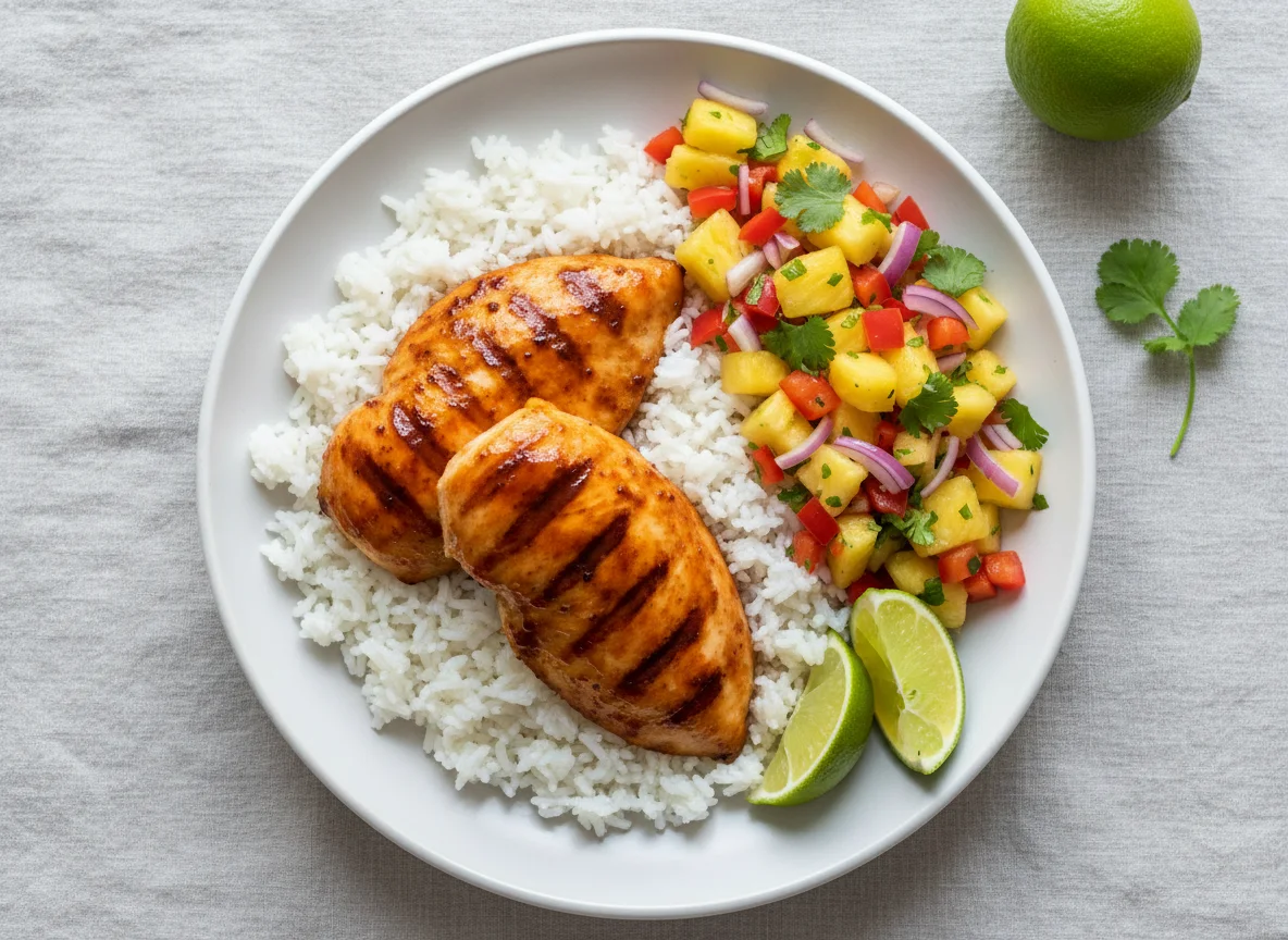 Hähnchen mit Reis und Ananas-Salsa photo