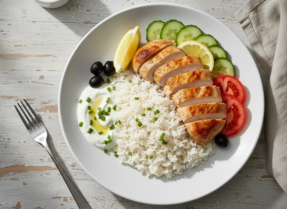 Hähnchen mit Reis und Beilagen photo