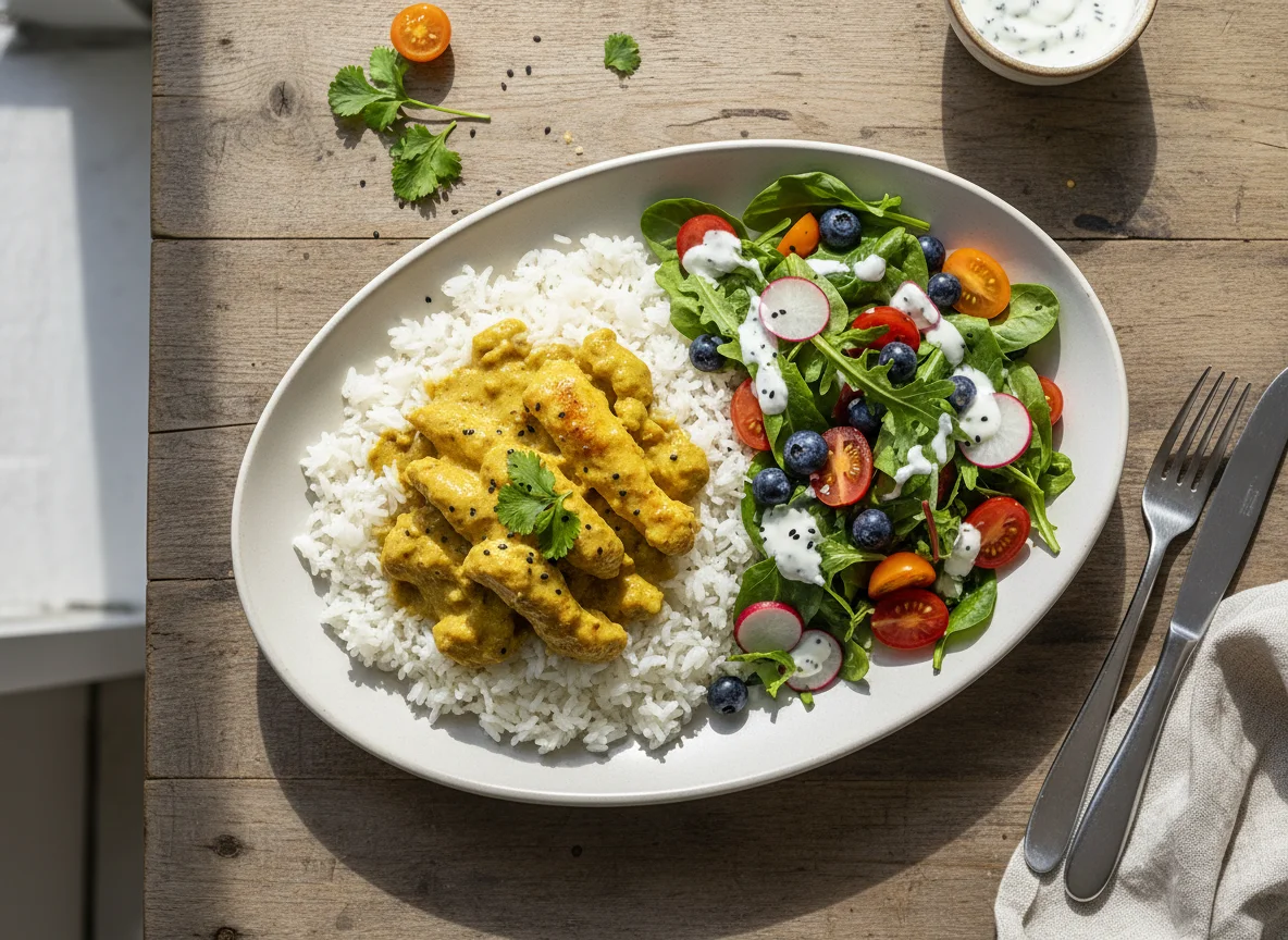 Hähnchen mit Reis und Blaubeersalat photo