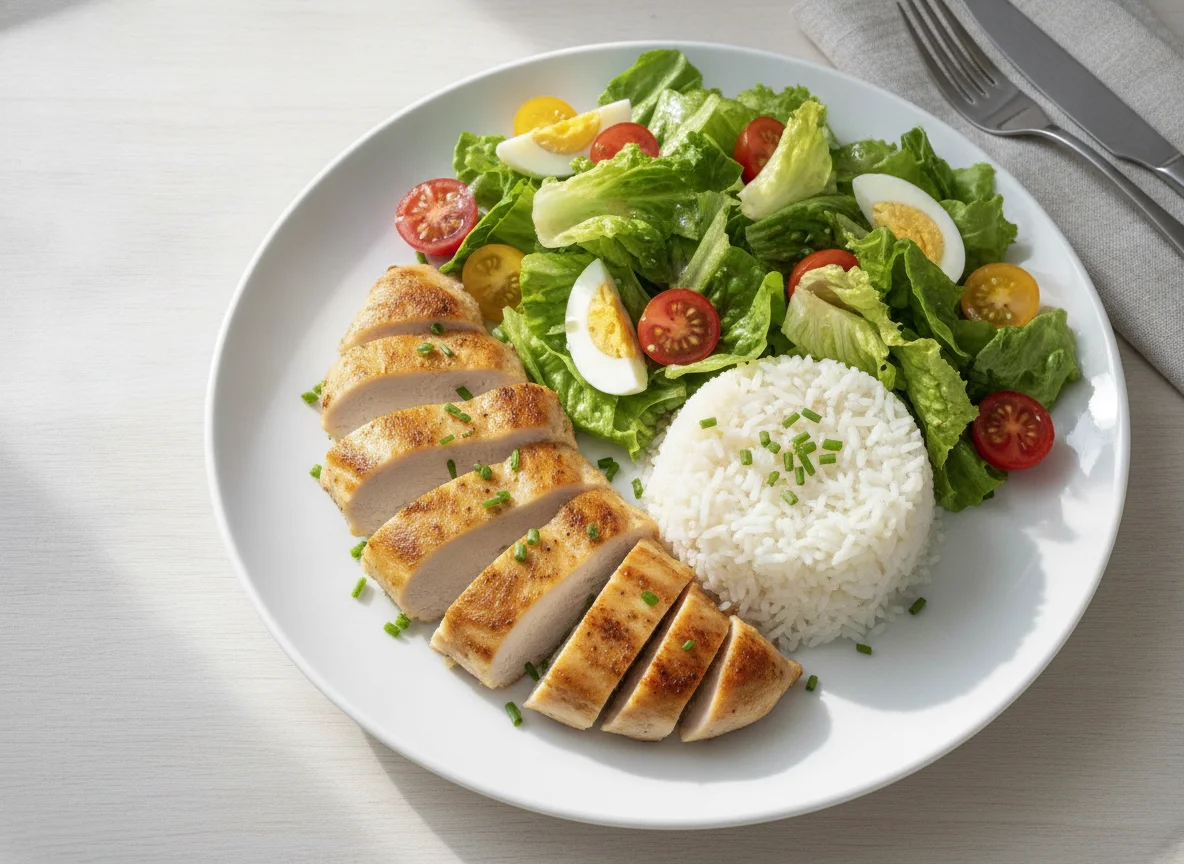 Hähnchen mit Reis und gemischtem Salat photo