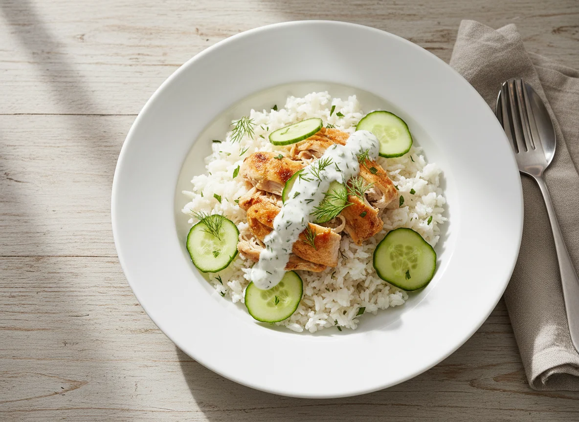 Hähnchen mit Reis und Gurke photo