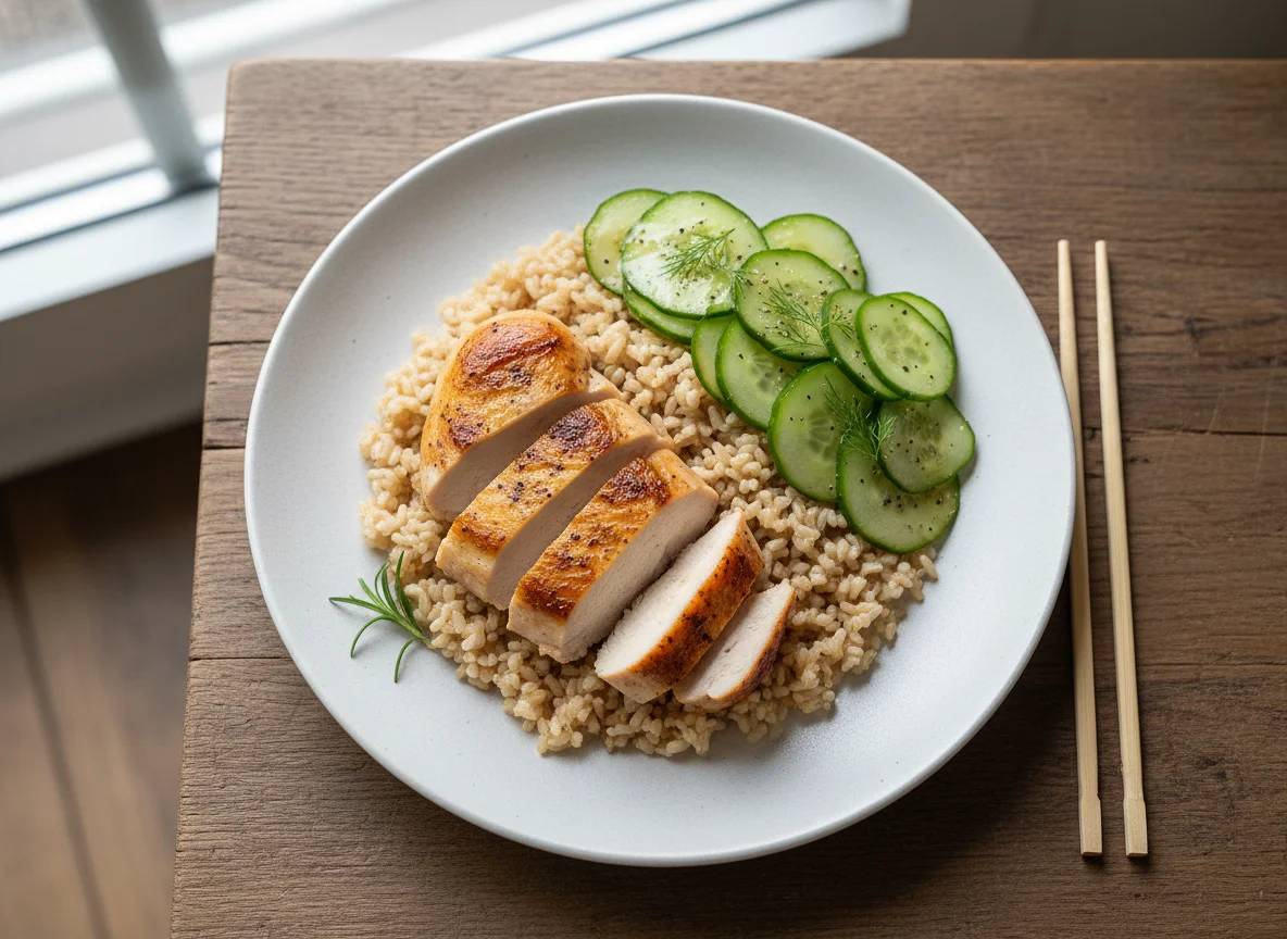 Hähnchen mit Reis und Gurkensalat photo
