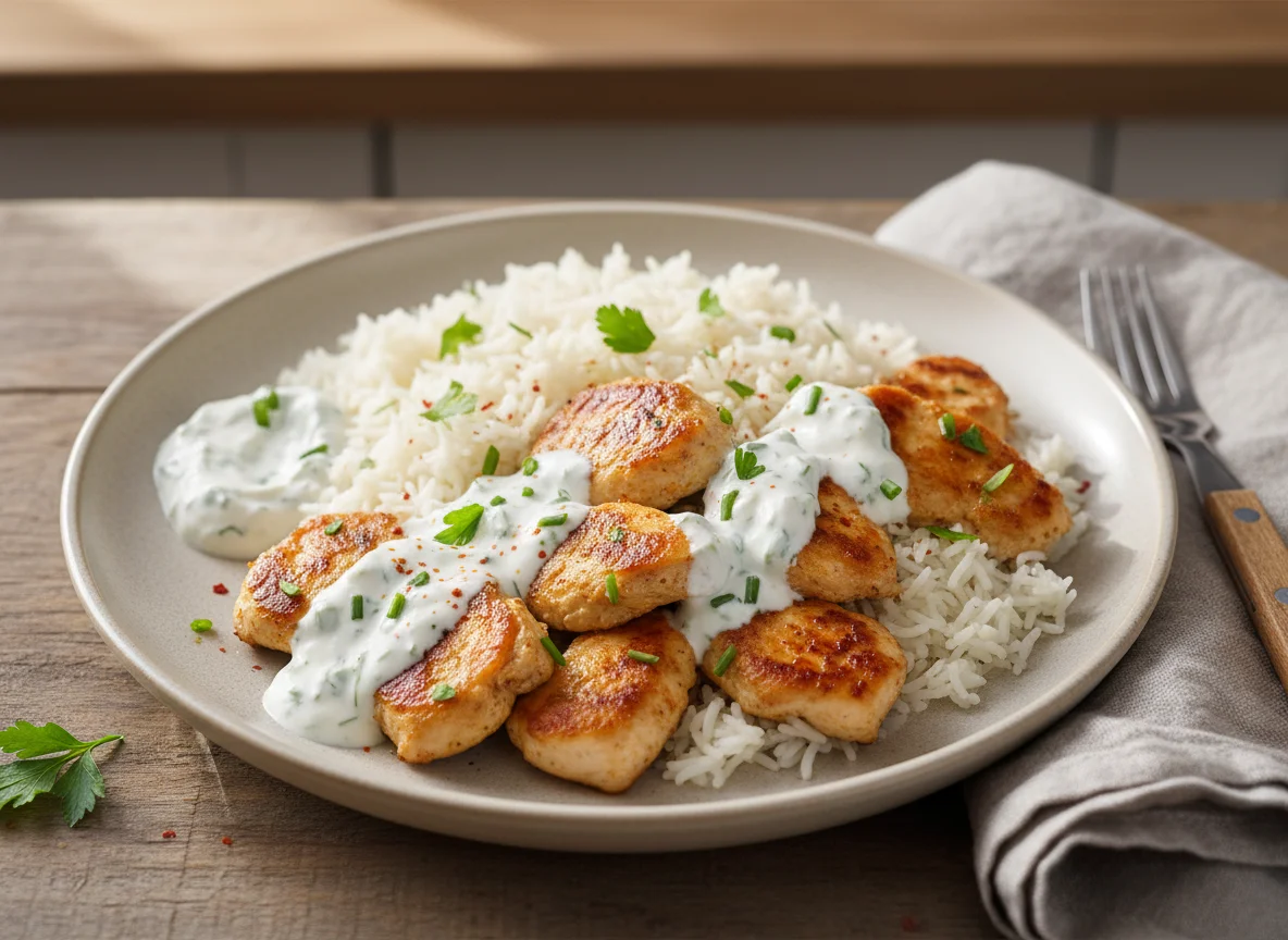 Hähnchen mit Reis und Joghurtsoße photo
