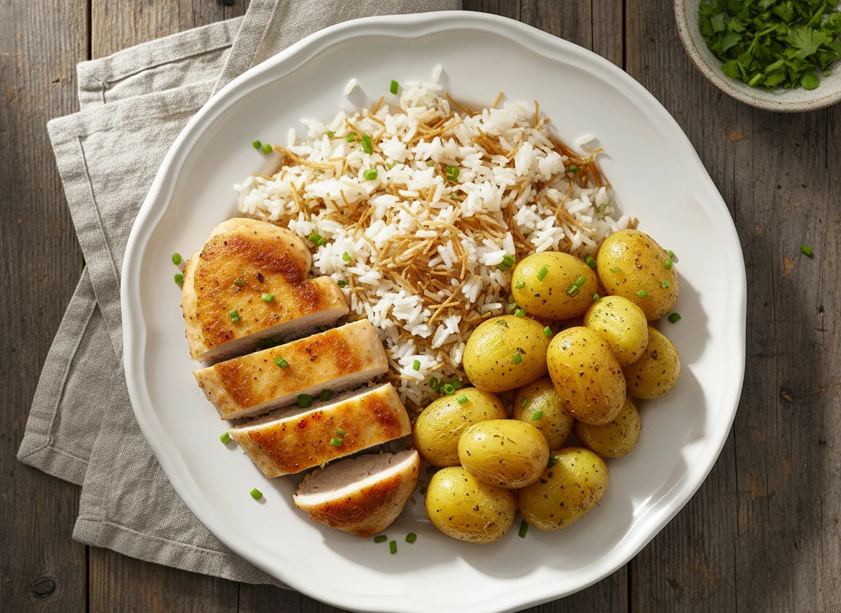 Hähnchen mit Reis und Kartoffeln photo