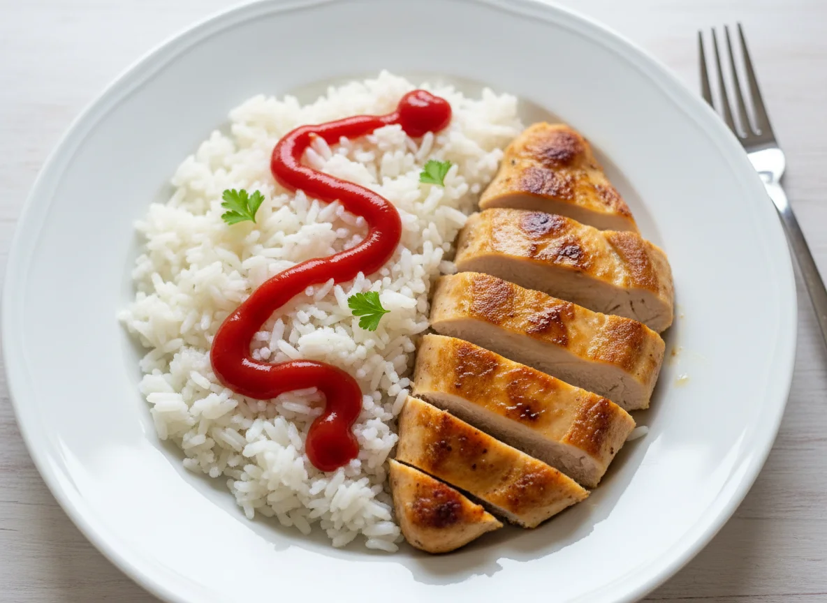 Hähnchen mit Reis und Ketchup photo