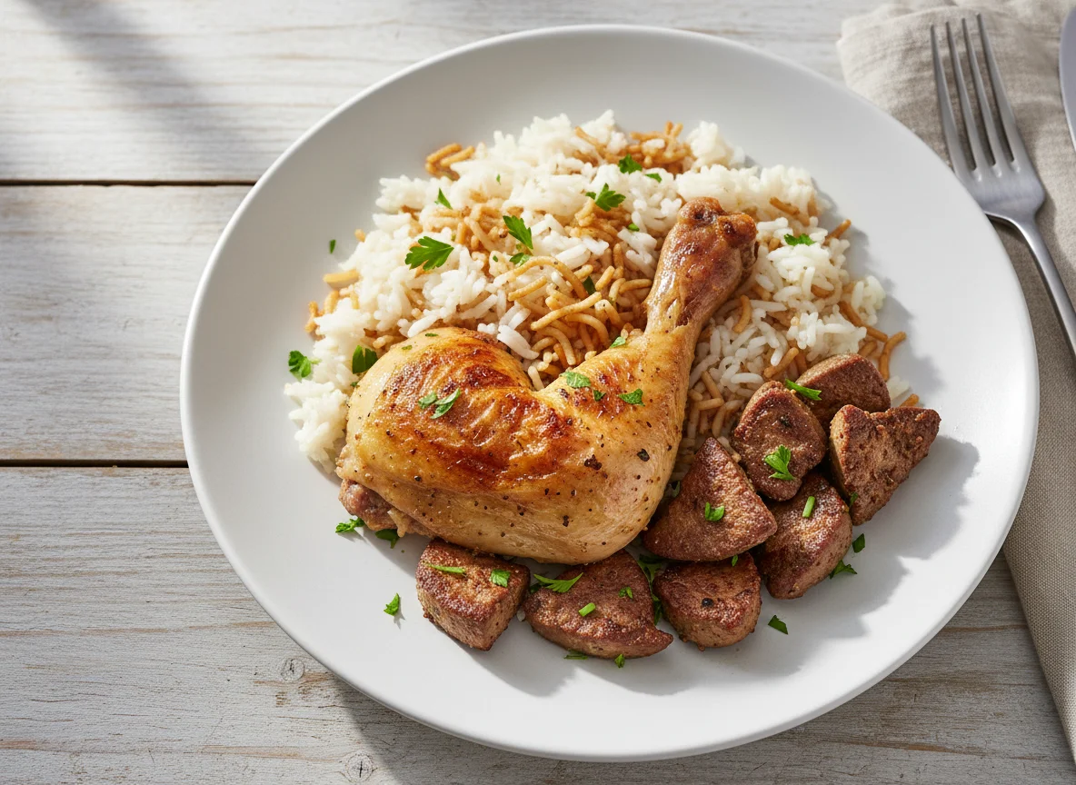 Hähnchen mit Reis und Leber photo