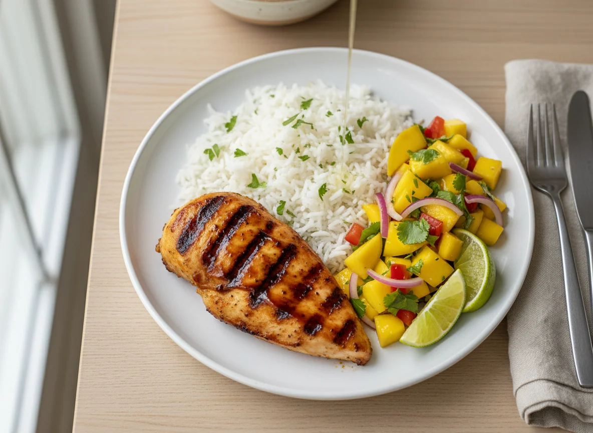 Hähnchen mit Reis und Mango-Salsa photo