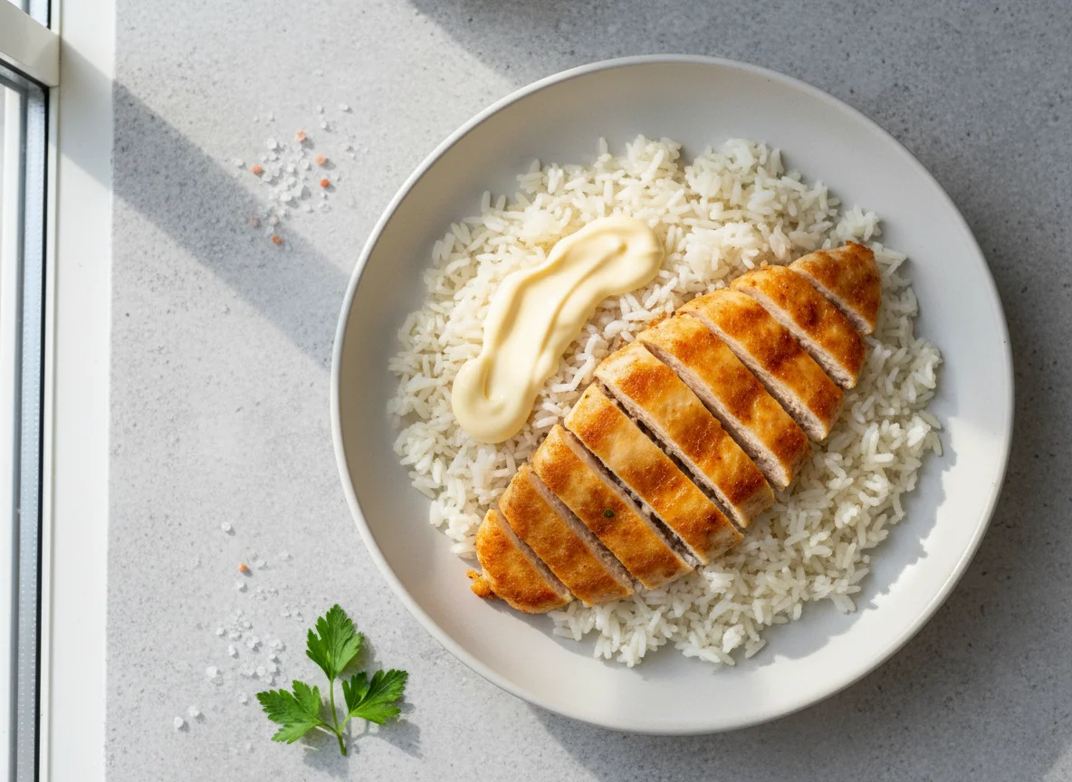 Hähnchen mit Reis und Mayonnaise photo