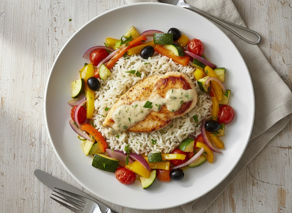 Hähnchen mit Reis und mediterranem Gemüse photo