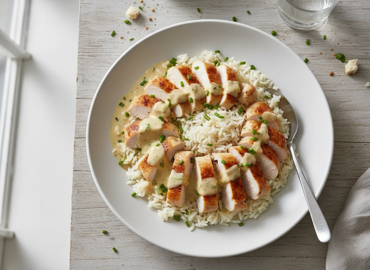 Hähnchen mit Reis und Rahmsauce photo