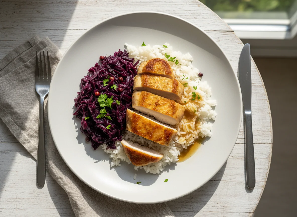 Hähnchen mit Reis und Rotkohl photo