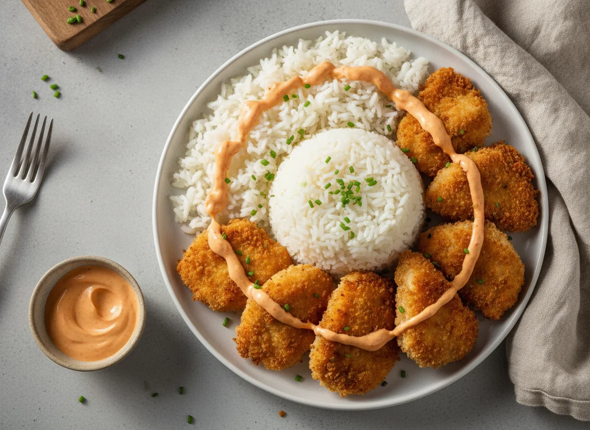Hähnchen mit Reis und scharfer Sauce photo