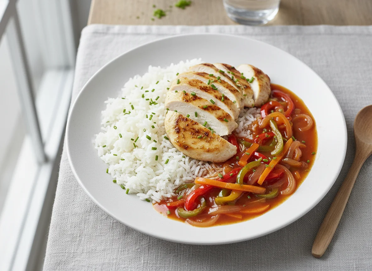 Hähnchen mit Reis und Süß-Sauer-Soße photo