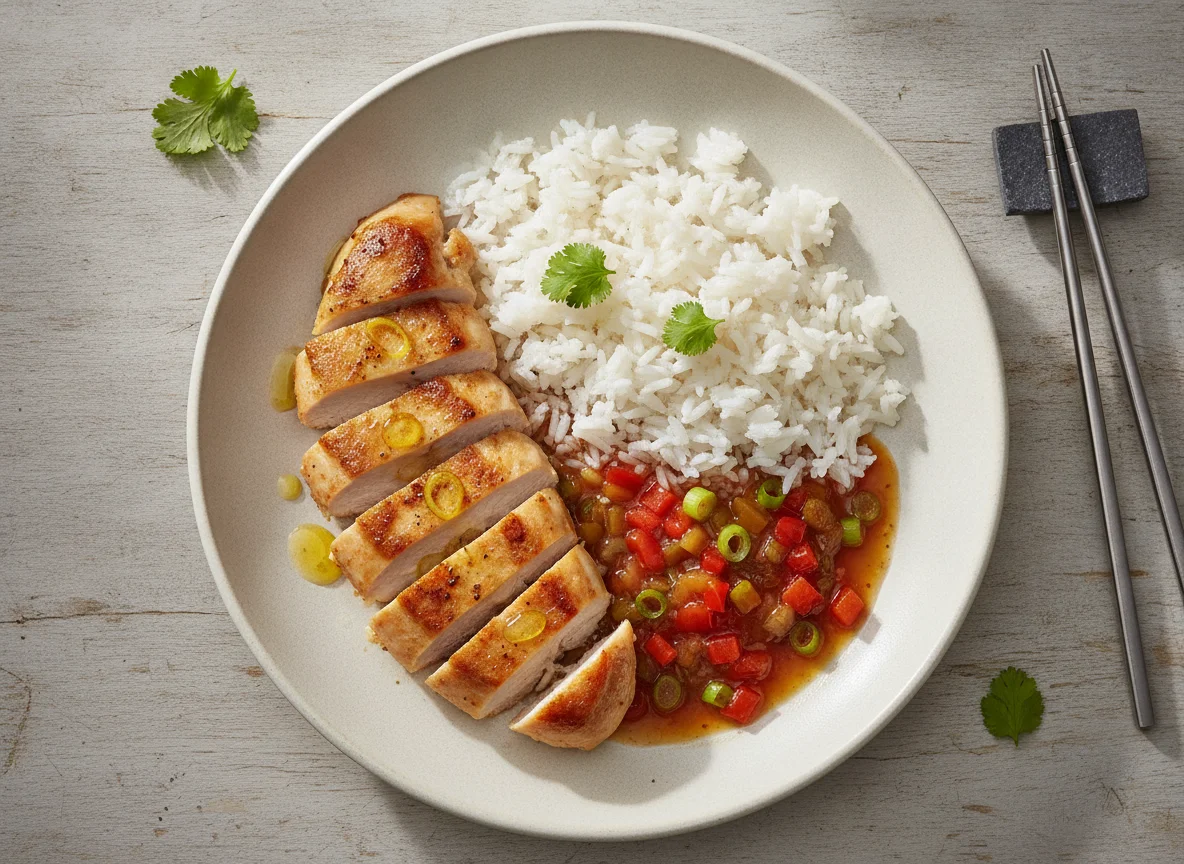 Hähnchen mit Reis und süß-saurer Sauce photo