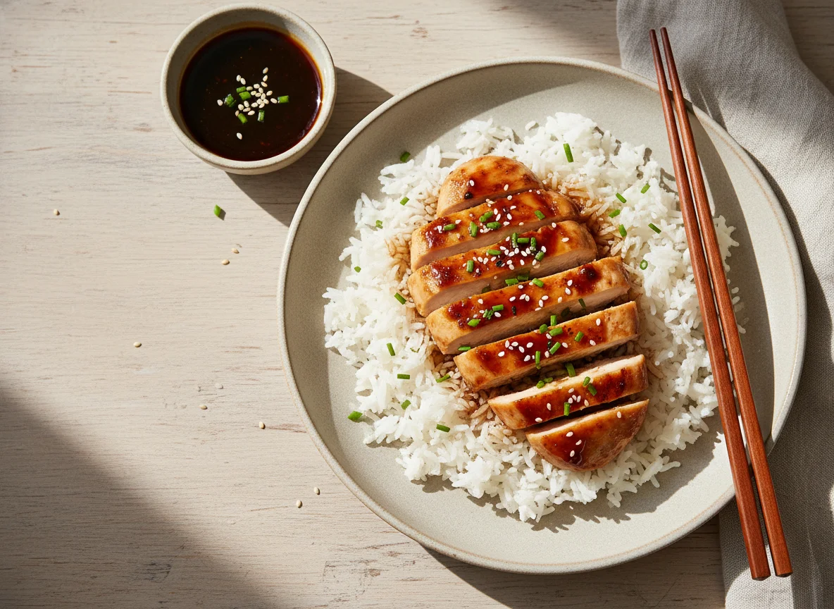 Hähnchen mit Reis und Teriyaki-Sauce photo
