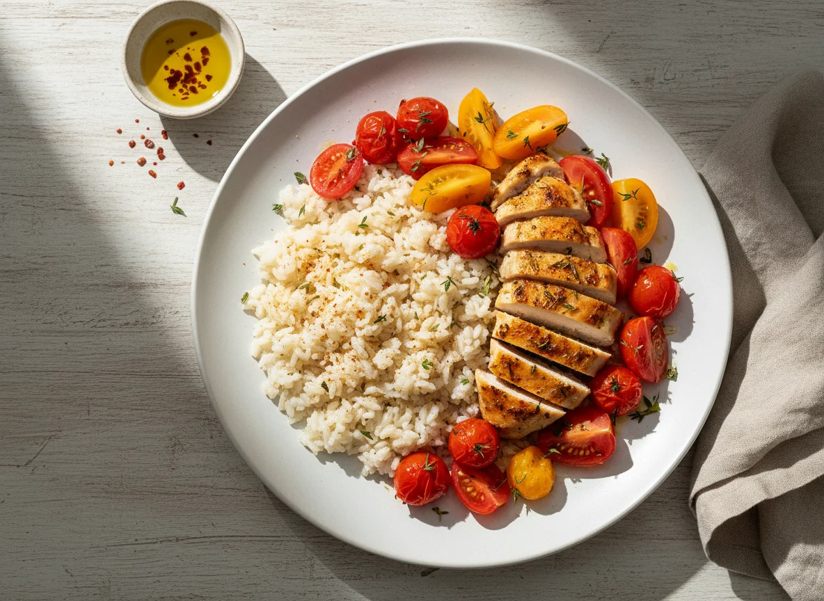Hähnchen mit Reis und Tomaten photo