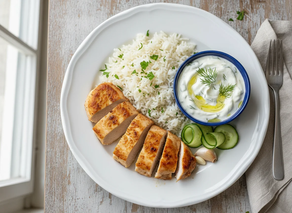 Hähnchen mit Reis und Tzatziki photo