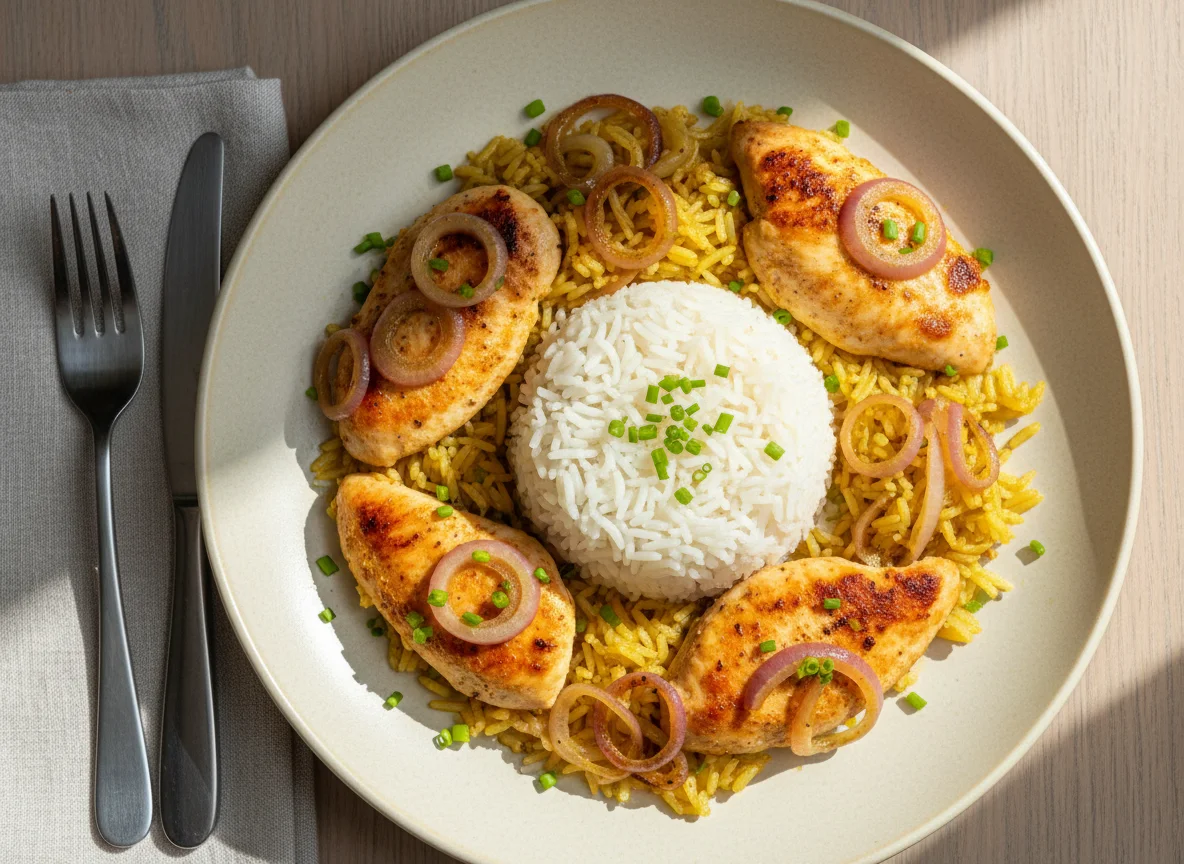 Hähnchen mit Reis und Zwiebeln photo