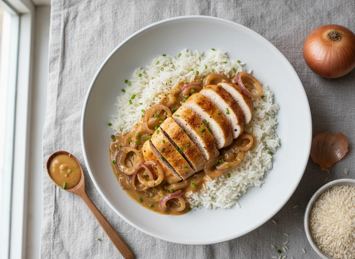 Hähnchen mit Reis und Zwiebelsauce photo