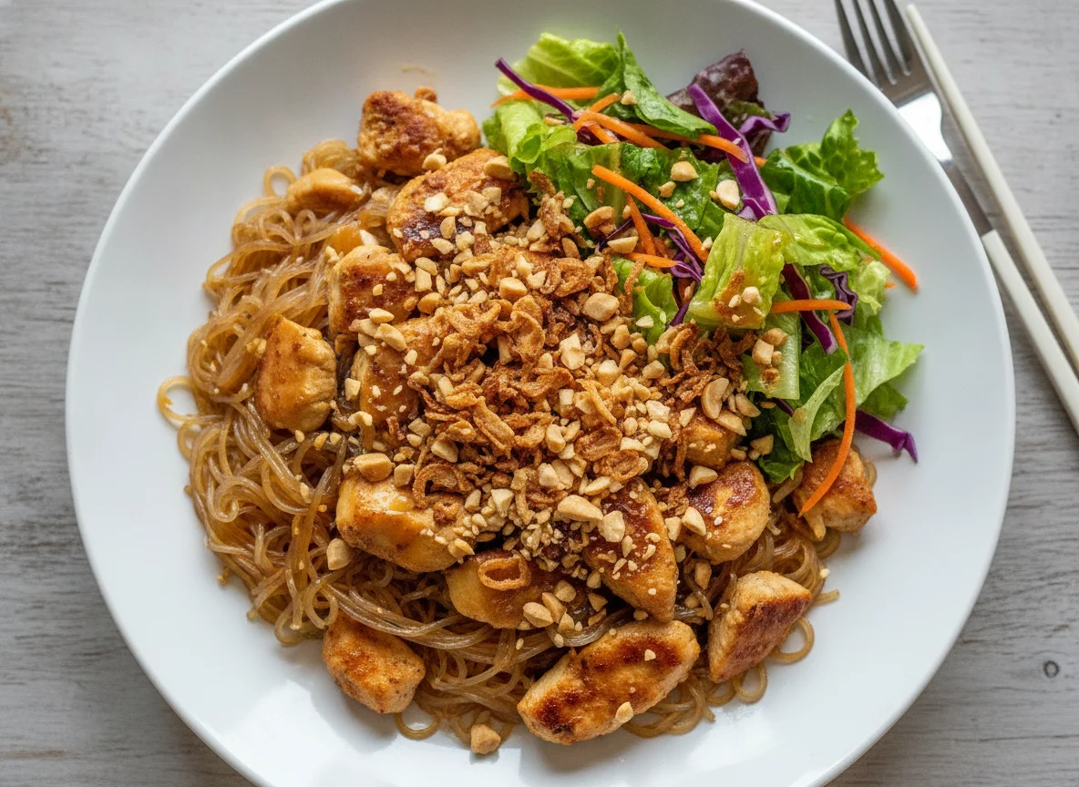Hähnchen mit Reisnudeln und Salat photo