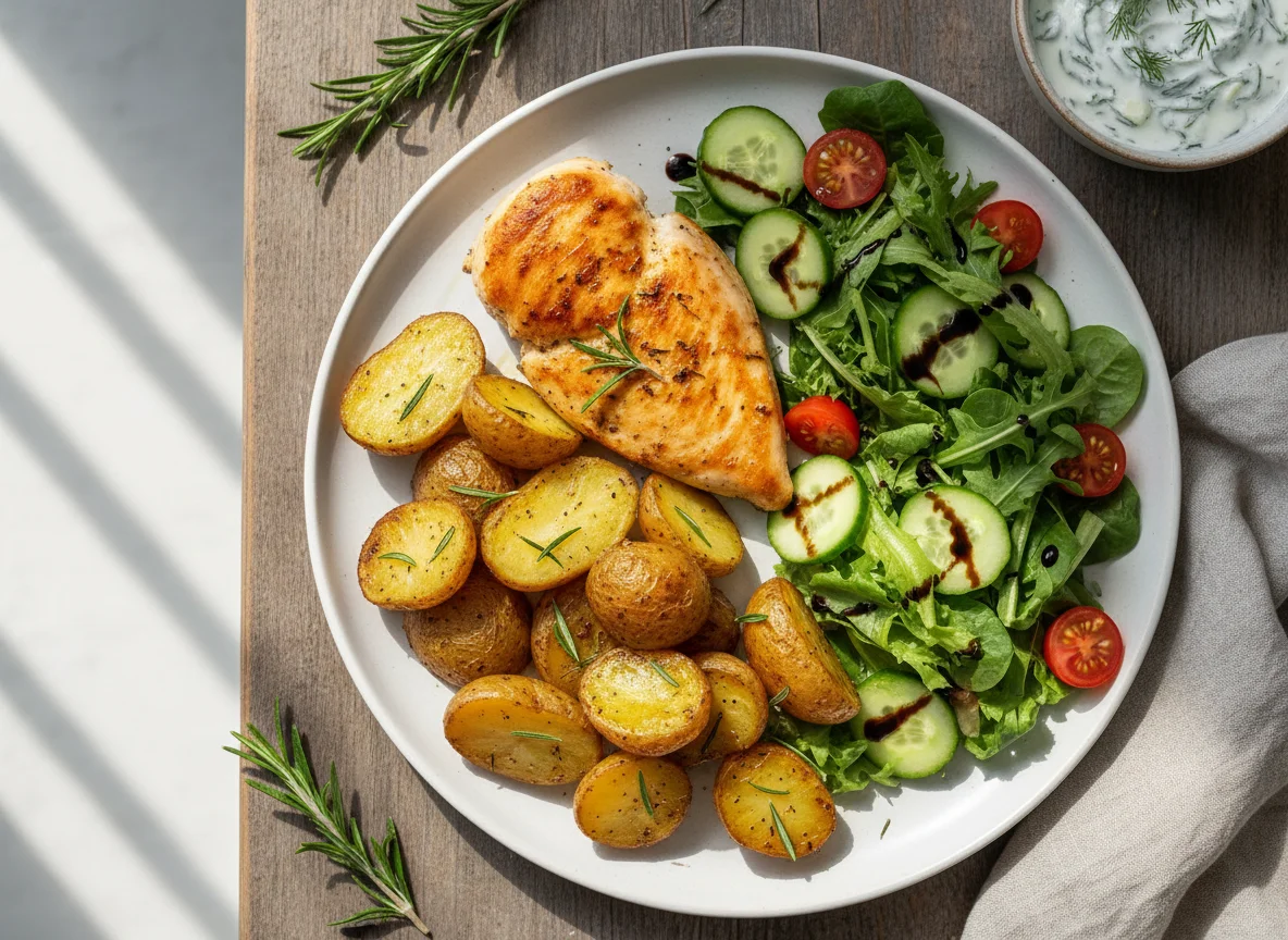 Hähnchen mit Rosmarinkartoffeln, Salat und Tzatziki photo