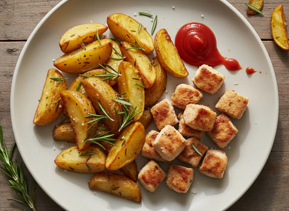 Hähnchen mit Rosmarinkartoffeln und Ketchup photo