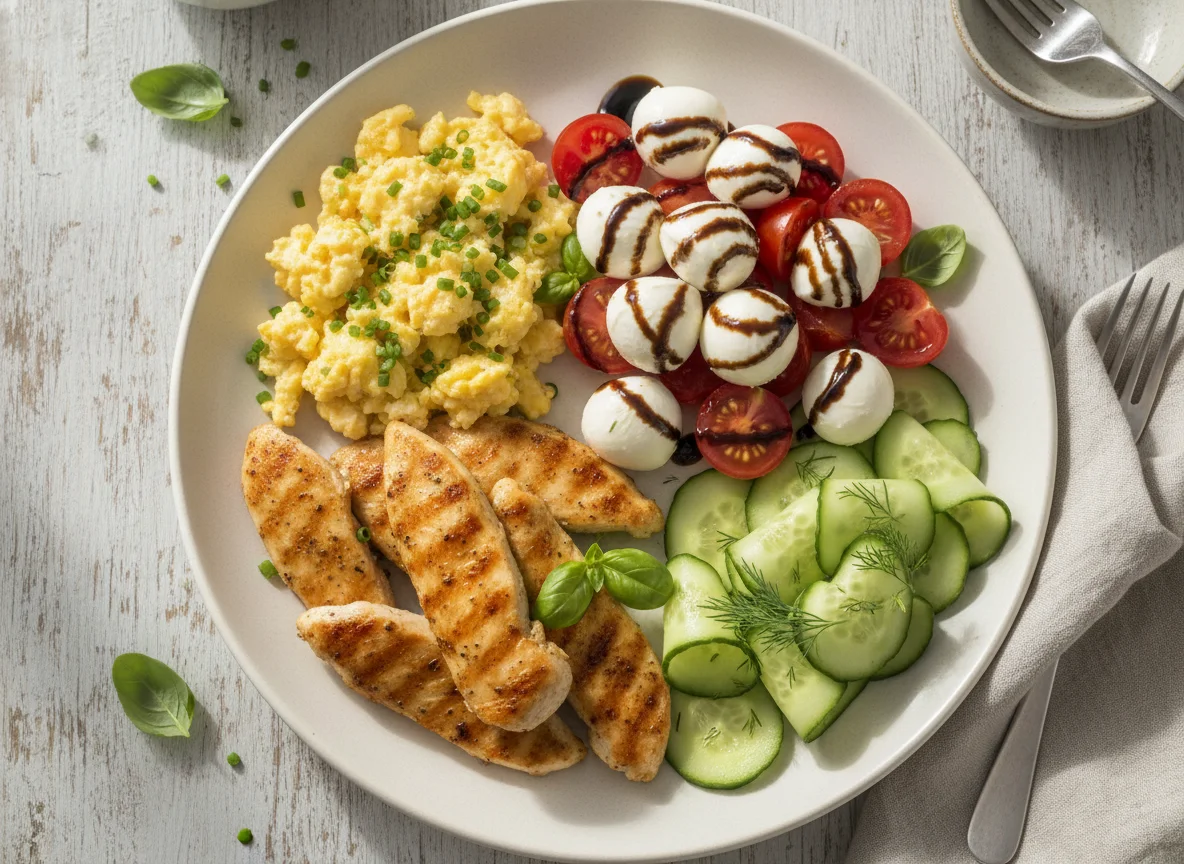 Hähnchen mit Rührei, Mozzarella-Tomaten und Gurken photo
