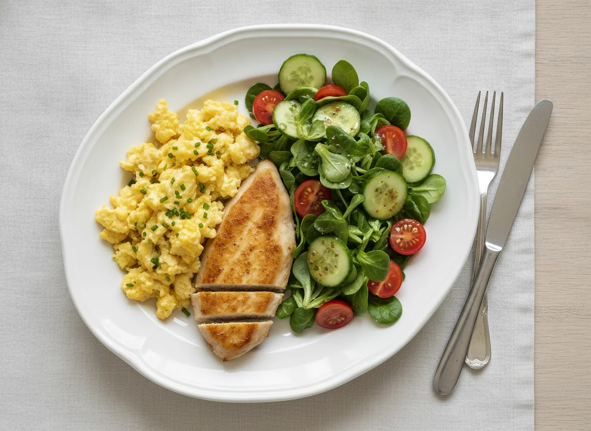 Hähnchen mit Rührei und Salat photo