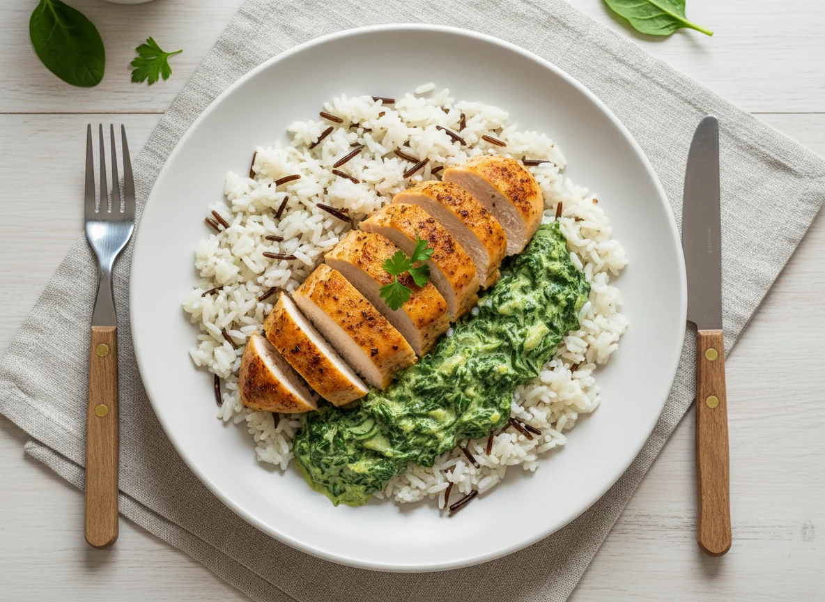 Hähnchen mit Spinat und Reis photo