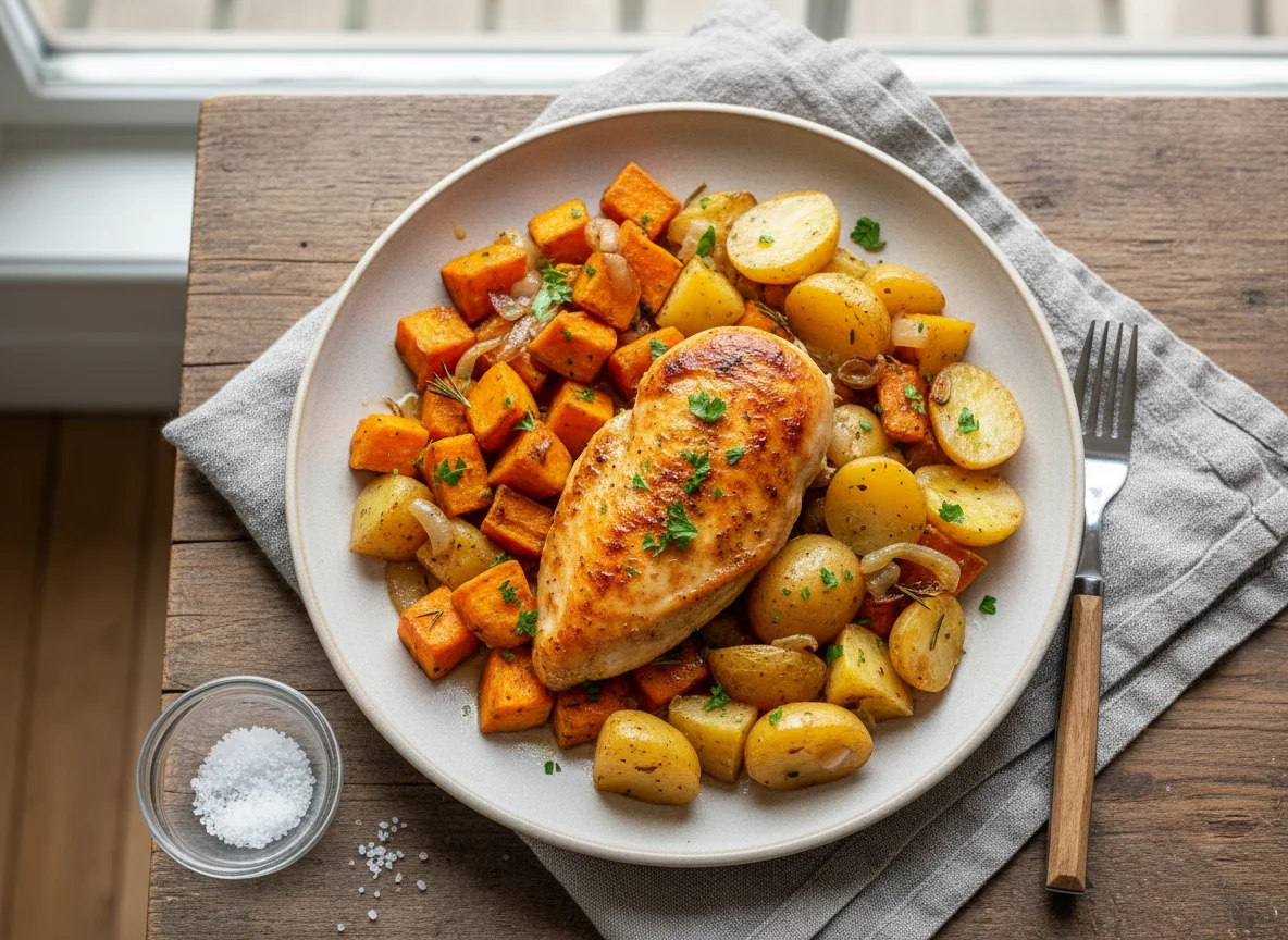 Hähnchen mit Süßkartoffel und Kartoffel photo