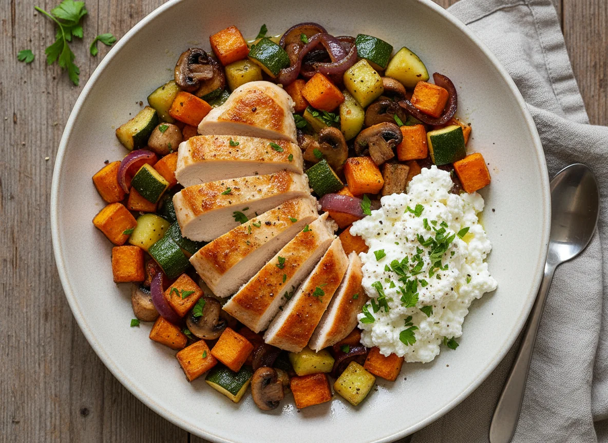 Hähnchen mit Süßkartoffel-Gemüsepfanne und Hüttenkäse photo