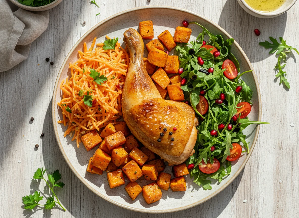 Hähnchen mit Süßkartoffeln, Karottensalat und Rucola-Granatapfel-Salat photo