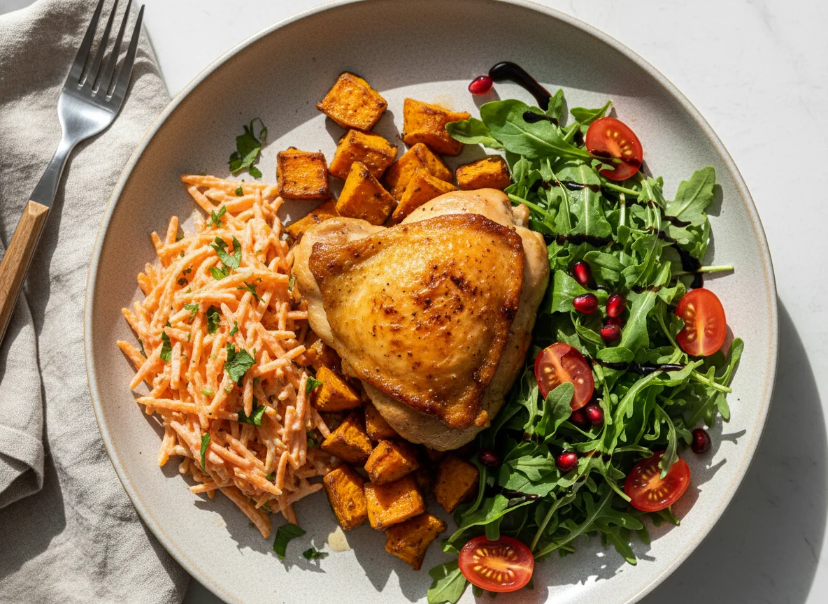 Hähnchen mit Süßkartoffeln, Karottensalat und Rucolasalat photo