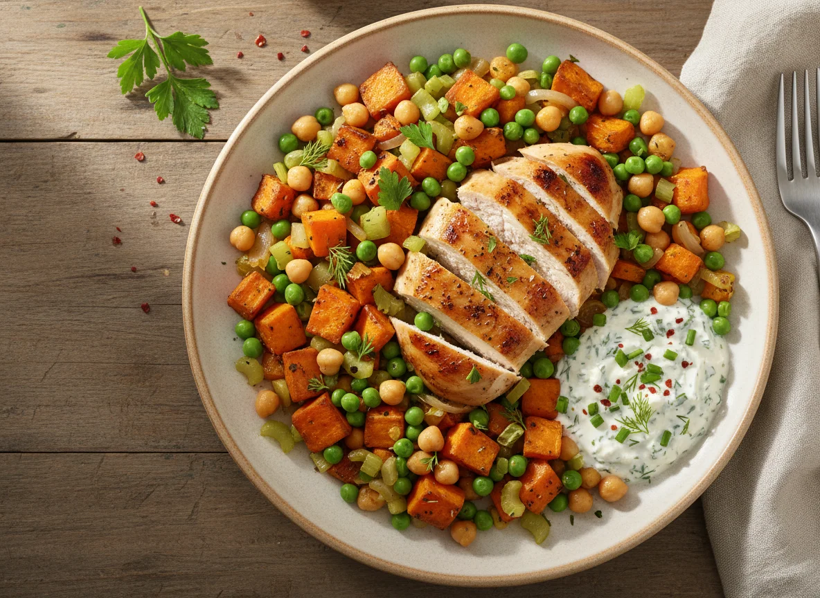 Hähnchen mit Süßkartoffeln und Kichererbsen-Gemüse photo