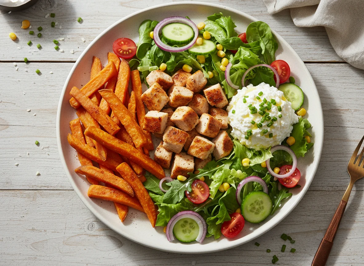 Hähnchen mit Süßkartoffelpommes, Salat und Hüttenkäse photo