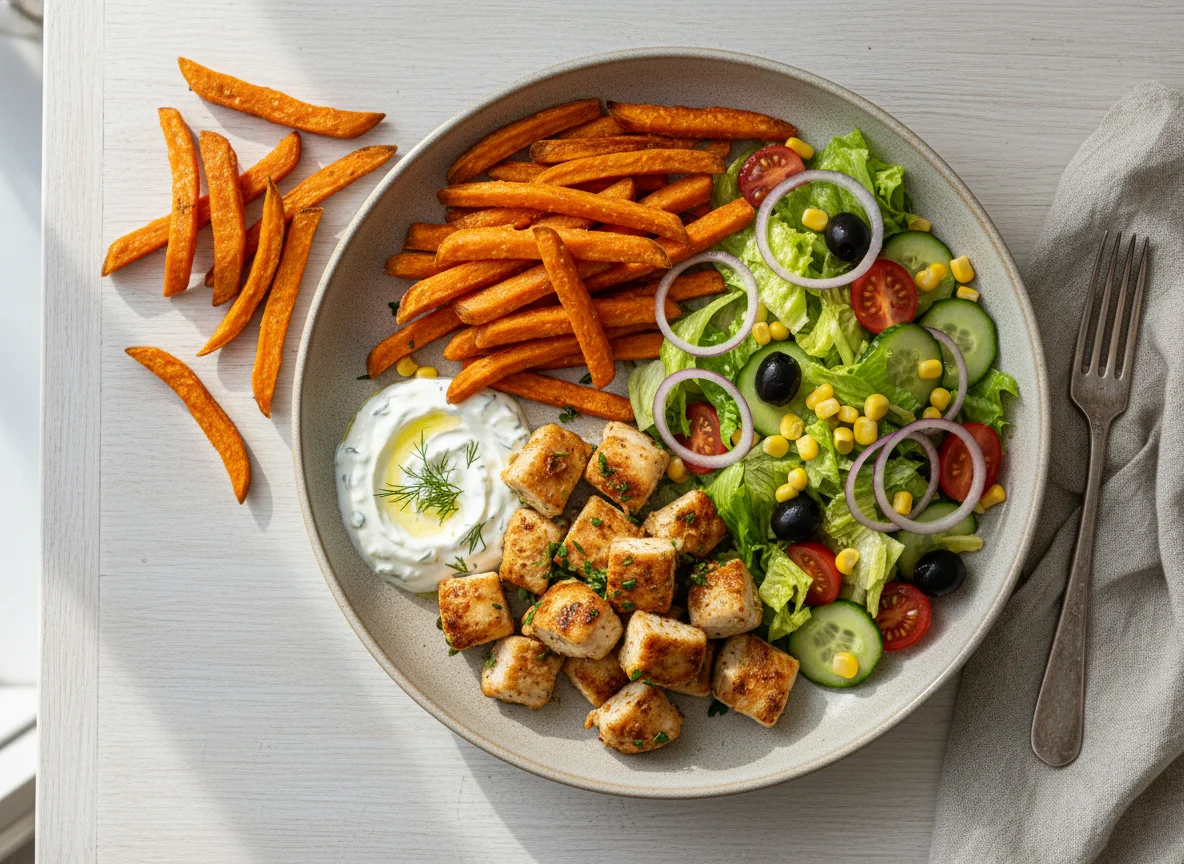 Hähnchen mit Süßkartoffelpommes, Tzatziki und Salat photo